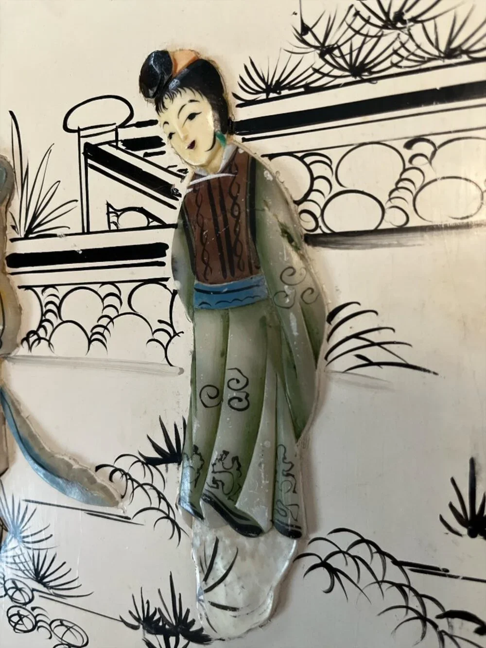 Vintage Macau Asian Wall Plaque Raised Figures Chinoiserie Decor 15x11